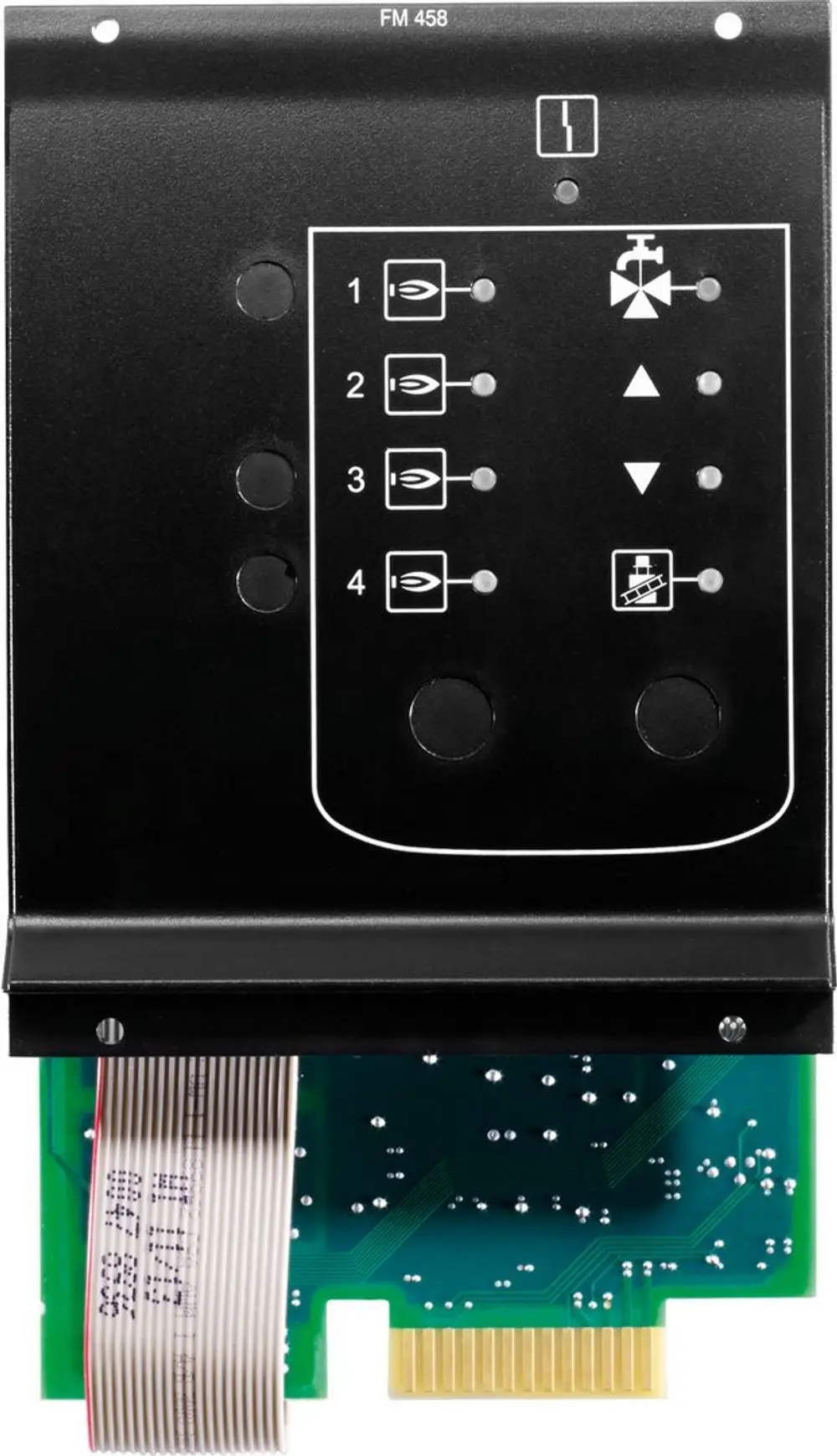 Schwarze Frontplatte mit Bedienelementen und LED-Anzeigen, abwärts geneigter Pfeil und Symbol für eine Ventilsteuerung, kompatibel mit Bosch-Systemen.